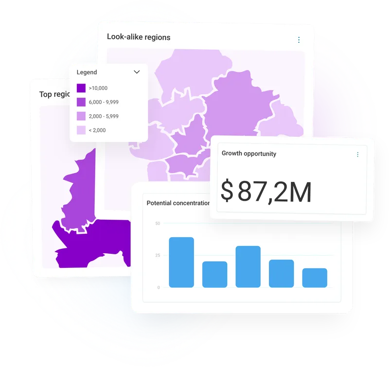 Map visuals show look-alike regions and potential concentration with a bar graph, and a card displaying a $87.2M growth opportunity.