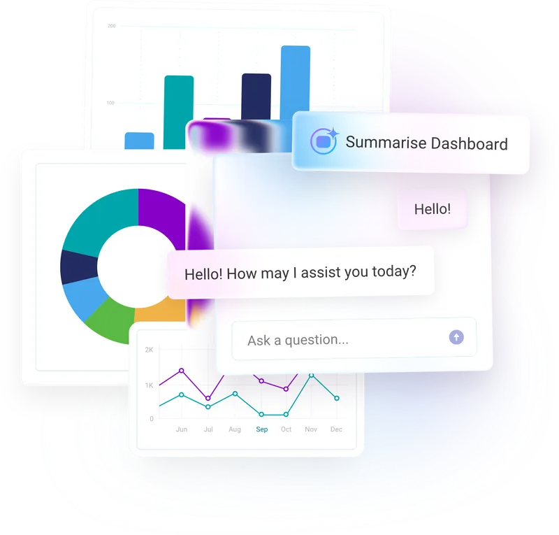 Collage of charts and chat interface, featuring bar and pie charts, a line graph, and chatbot dialogue boxes for assistance.