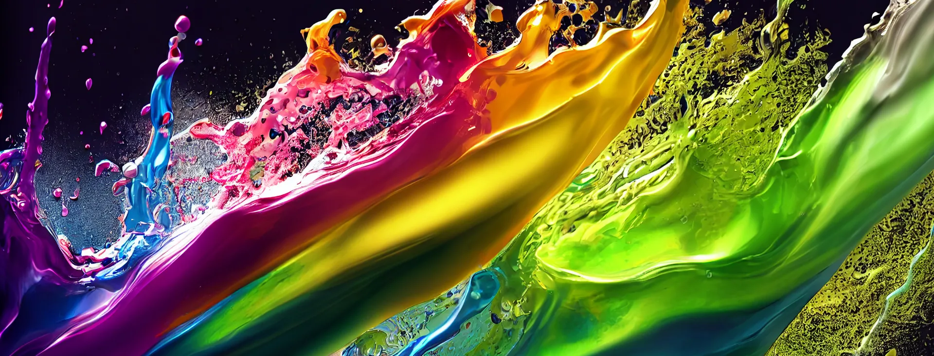 Vibrant splashes of paint in pink, blue, yellow, and green merge dynamically on a dark background, creating an energetic and colorful abstract scene.