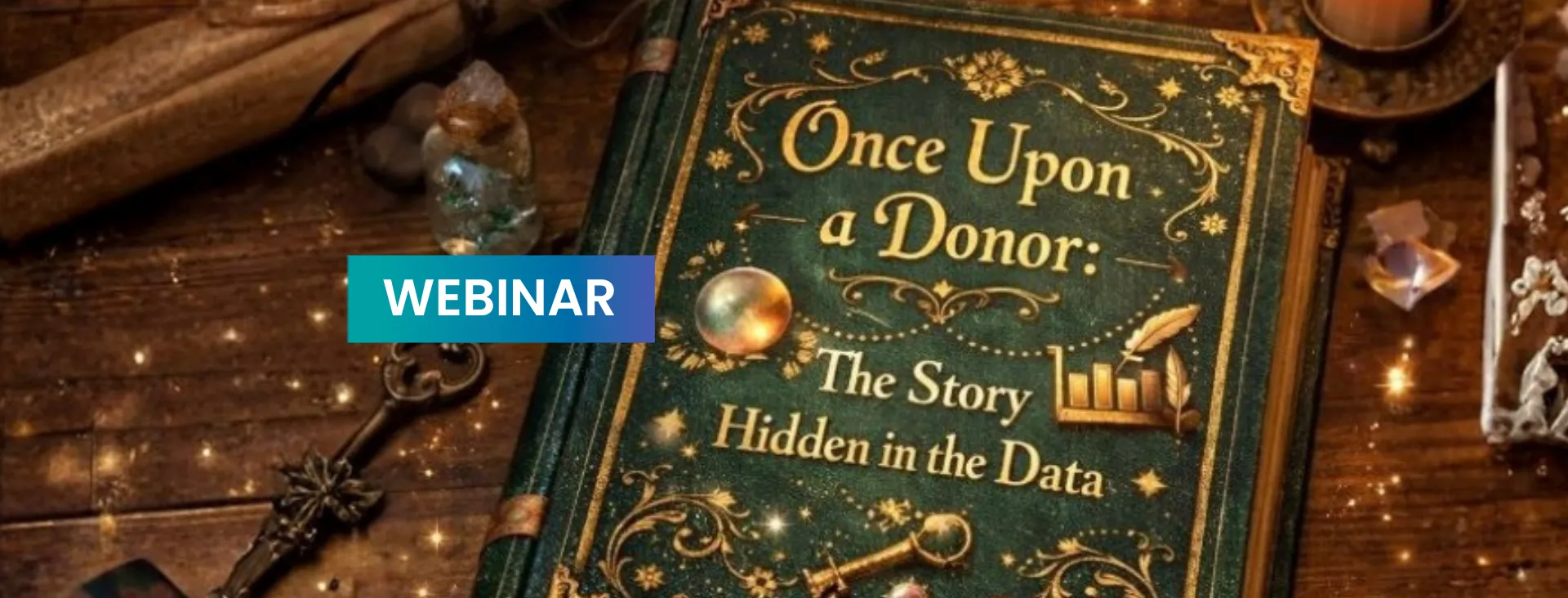 A magical-themed book cover titled "Once Upon a Donor: The Story Hidden in the Data" next to a "Webinar" label.