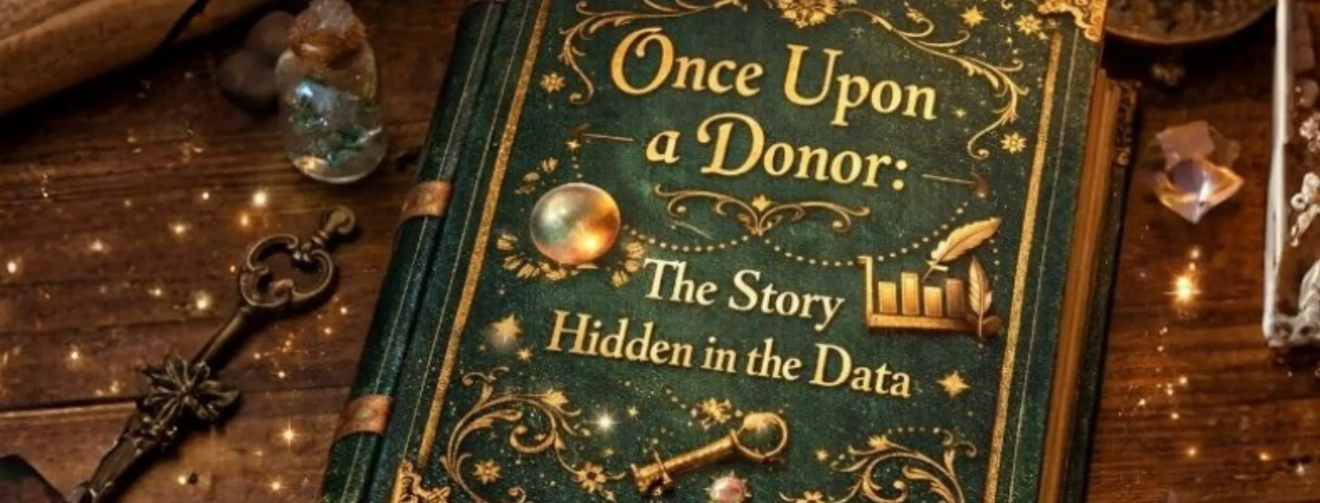 A hardcover book titled "Once Upon a Donor: The Story Hidden in the Data," surrounded by magical elements on a wooden table.