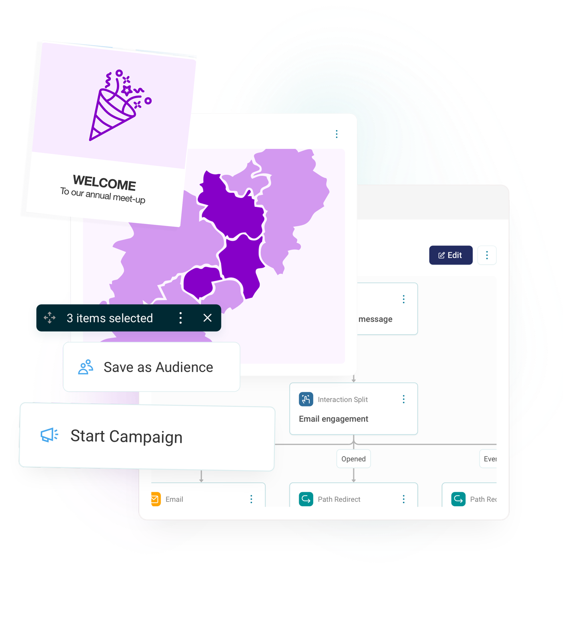 A purple regional map showing travel distance and campaign management interface