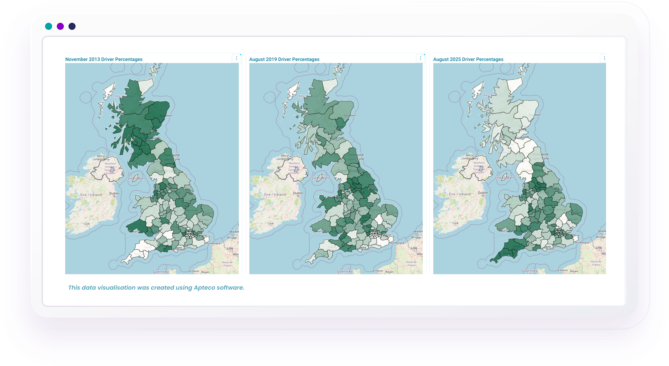 Three maps of the UK show driver percentages in November 2013, August 2019, and August 2025, using varying shades of green.