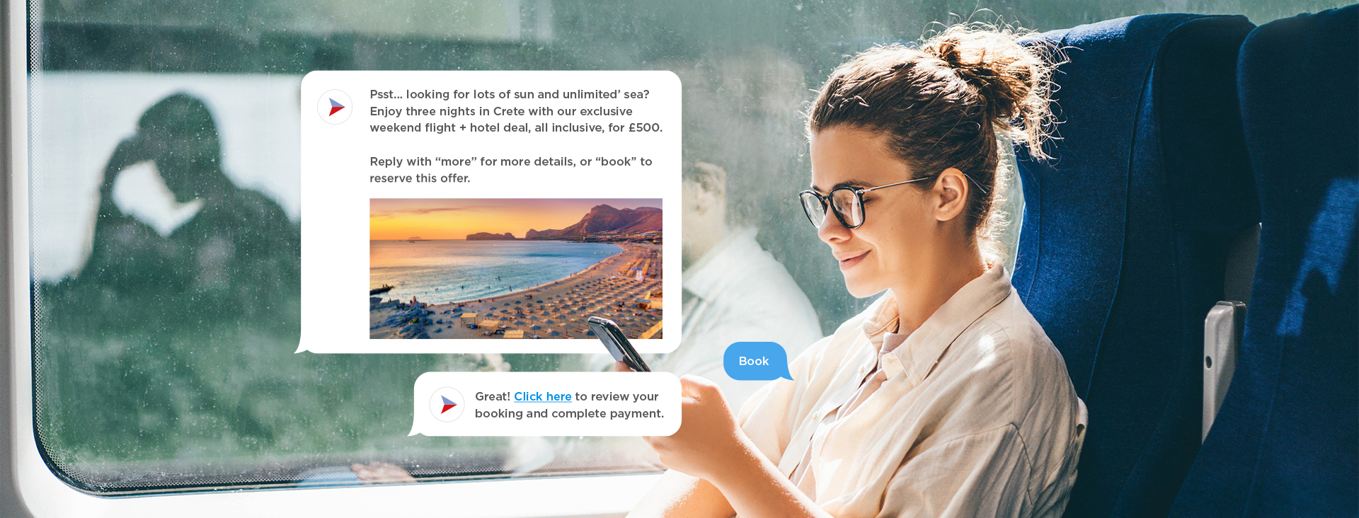 Woman on a train making a holiday booking