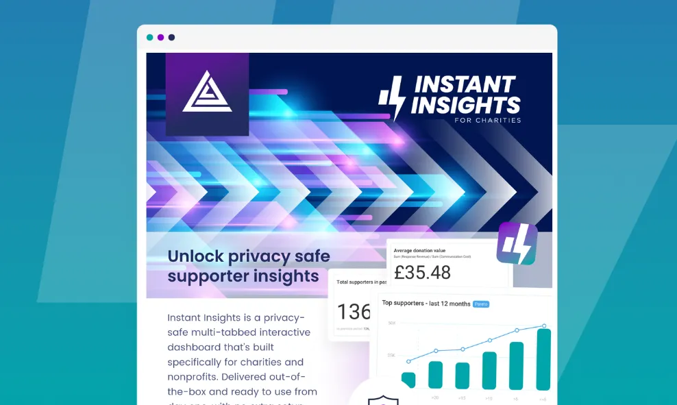 Interactive dashboard for "Instant Insights," displaying supporter data and insights for charities, featuring graphs and statistics.