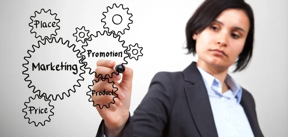 Woman writing the 4p's of marketing on glass