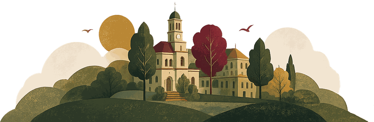 Illustration of a small town with various school buildings, trees and hills, in a simple colourful style
