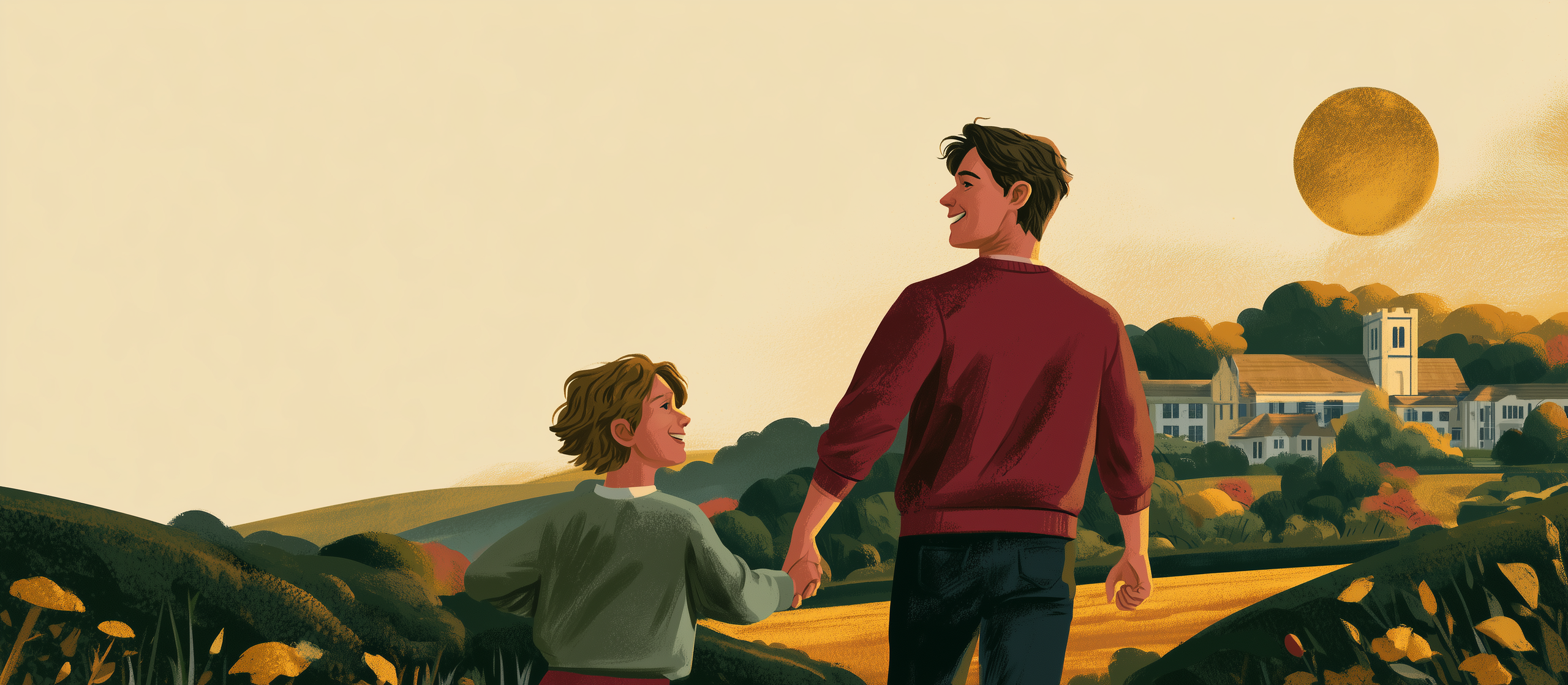 Illustration of a parent and child walking hand in hand towards a school