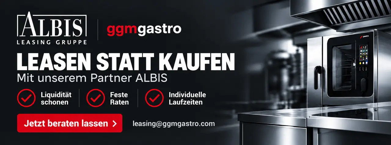 Werbebanner von GGM Gastro und ALBIS Leasing zum Leasen von Gastronomiegeräten mit festen Raten, individuellen Laufzeiten und Schonung der Liquidität.