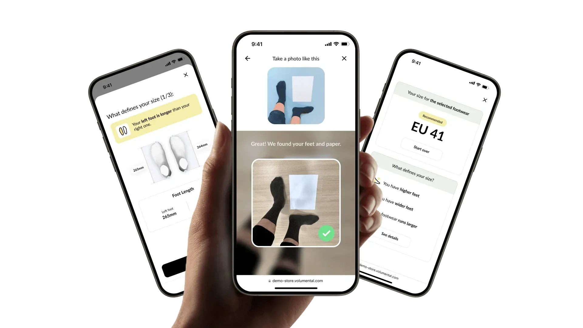 Three smartphones displaying a foot-measurement app, showing shoe size recommendations and instructions for photographing feet with paper.
