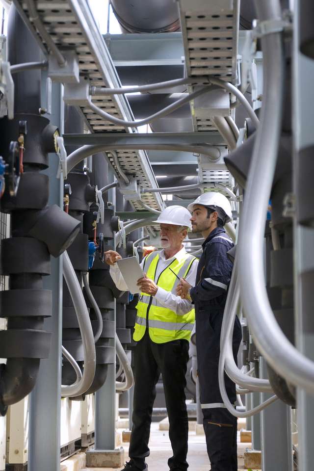 Workers inspecting cooling equipment