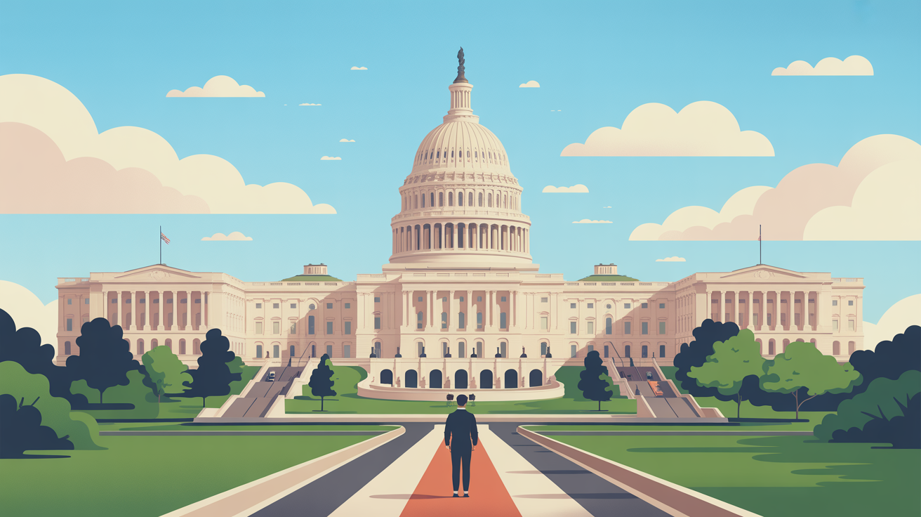 Illustration of a domed government-style building with pathways and greenery.