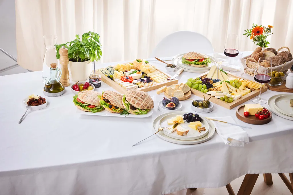 Ein Tisch, gedeckt mit Sandwiches, Käseplatten, Weintrauben, Feigen, Oliven, Brot und Rotwein, vor dem Hintergrund einer weißen Tischdecke und heller Vorhänge.