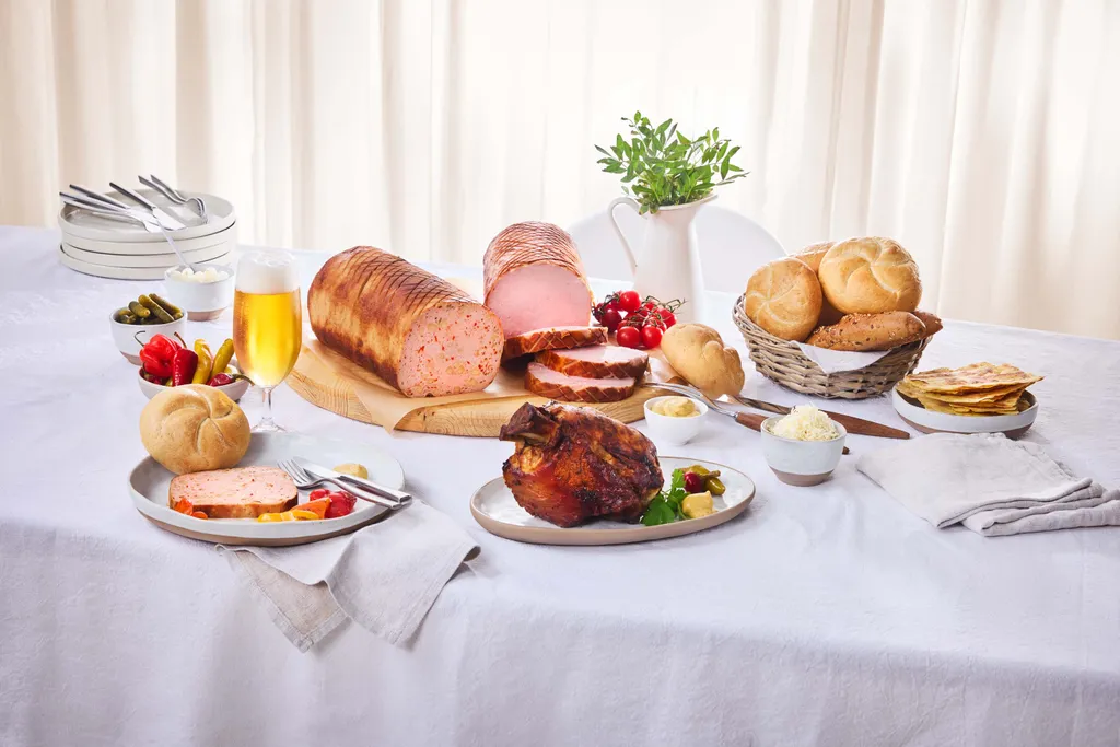 Ein Tisch mit Leberkäse, Stelze, Brötchen, Gewürzgurken, Kirschtomaten, Käse, Senf und einem Glas Bier auf einer weißen Tischdecke.