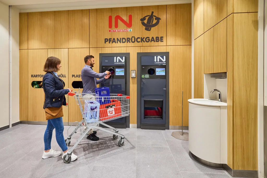 Ein Mann wirft Flaschen in einen Flaschenrücknahmeautomaten, während eine Frau mit einem Einkaufswagen in einer sauberen, modernen Einrichtung wartet.