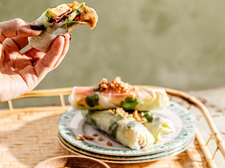 Knusprige vietnamesische Frühlingsrollen mit Gemüsefüllung und würzigem Dip