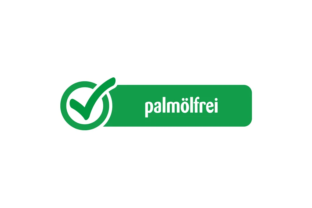 Grünes „palmölfrei“-Label mit einem Häkchen, das darauf hinweist, dass das Produkt palmölfrei ist, auf schwarzem Hintergrund.
