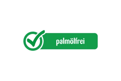 Grünes „palmölfrei“-Label mit einem Häkchen, das darauf hinweist, dass das Produkt palmölfrei ist, auf schwarzem Hintergrund.
