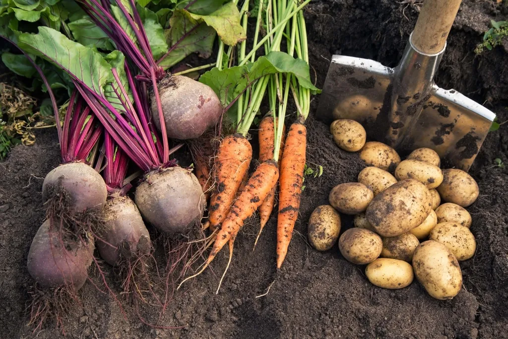 Frisch geerntete, erdige rote Rüben, Karotten und Kartoffeln auf einem erdigen Boden