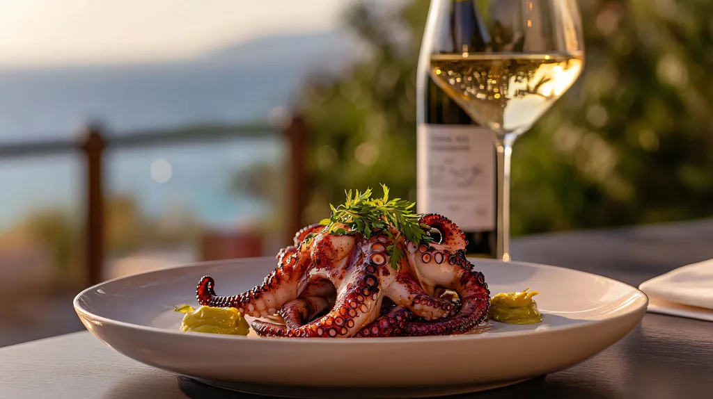 Gegrillter Tintenfisch, garniert mit Kräutern, auf einem Teller, dazu ein Glas Weißwein. Im Hintergrund der Meerblick.