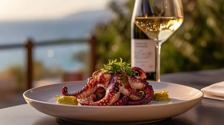 Gegrillter Tintenfisch, garniert mit Kräutern, auf einem Teller, dazu ein Glas Weißwein. Im Hintergrund der Meerblick.