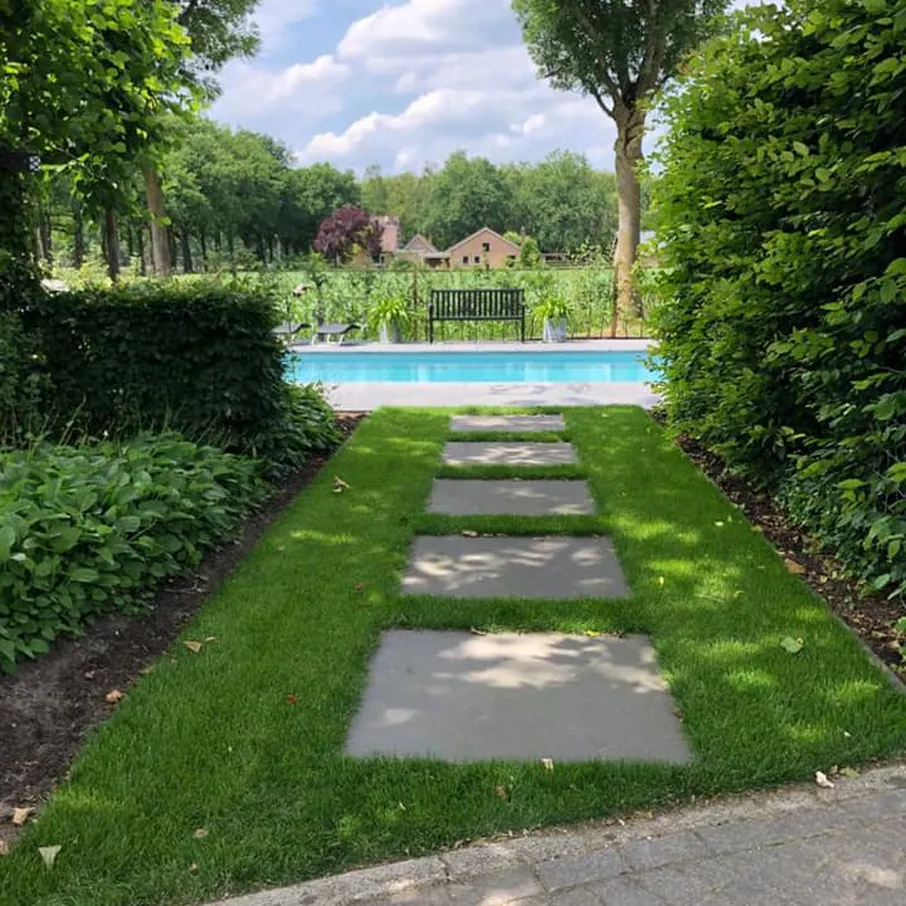 Zwembadtuin met schellevis tegels en vlonder in vlierden 01