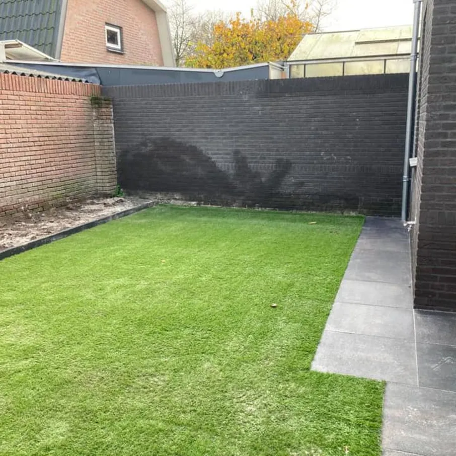 Nieuwbouwtuin met kunstgras en leibomen in bakel 05