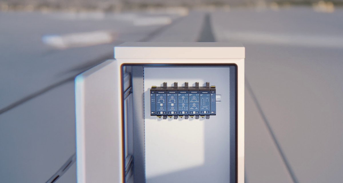 Open trackside cubicle with Frauscher FAdP Point, FAdP TDS and FAdP I/O modules mounted.