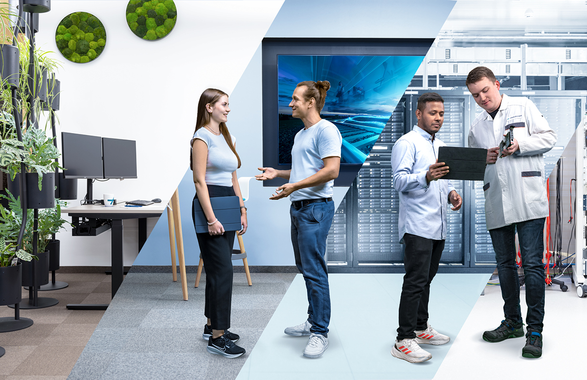 Four young employees in a collage of work settings: a modern office, a meeting area with a large screen, a server room and a lab.