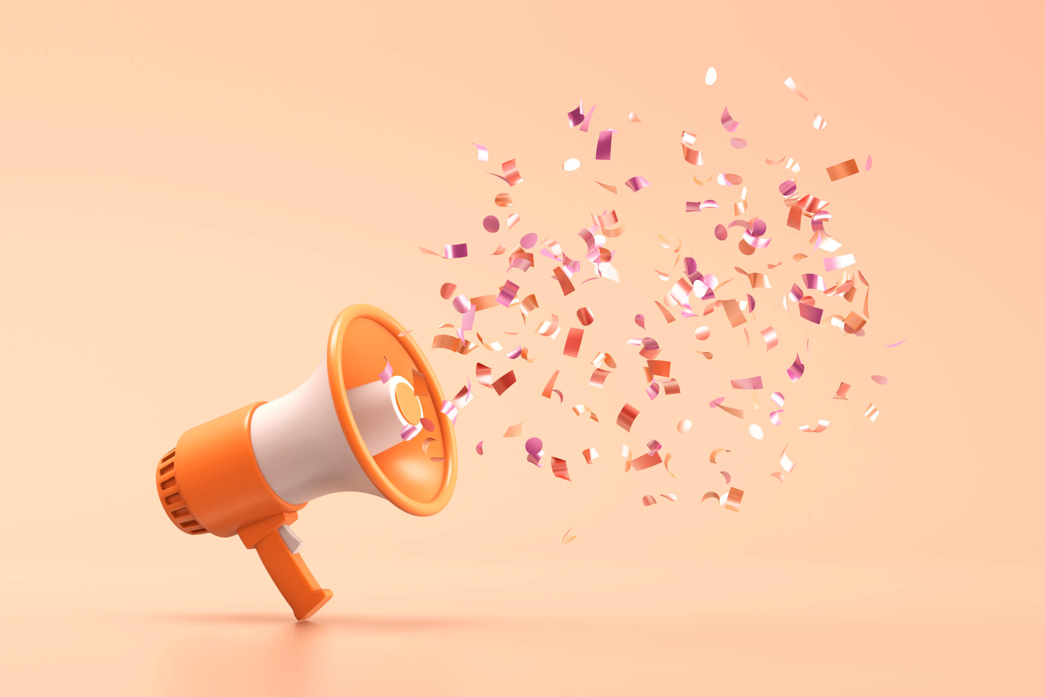 Orange megaphone with shiny confetti on a orange background. 3d illustration