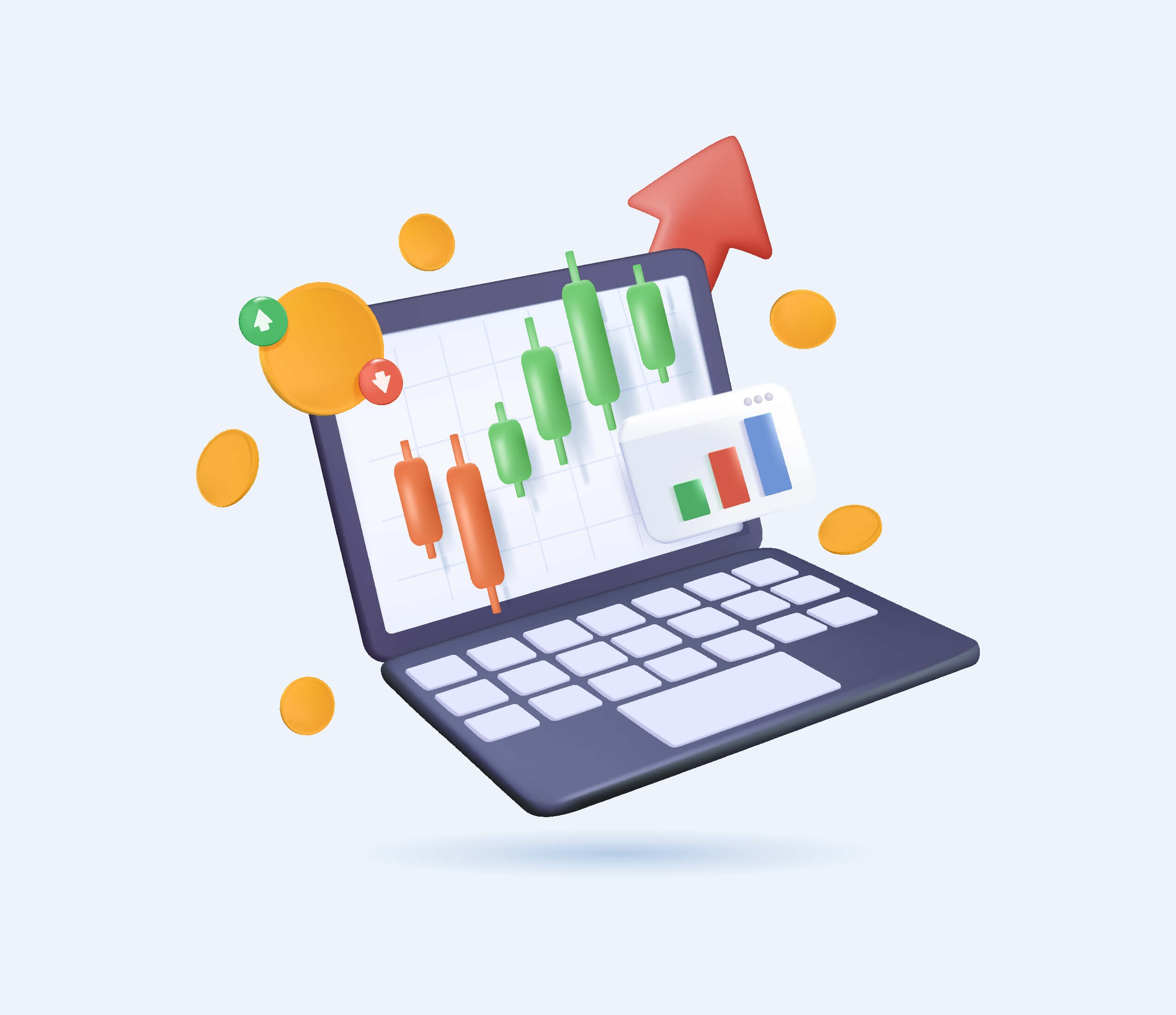 3D Stocks market graph crypto chart on laptop screen. Technical analysis candlestick chart money. Global stock exchanges index. Forex trading concept. Trading strategy. 3D render Vector illustration