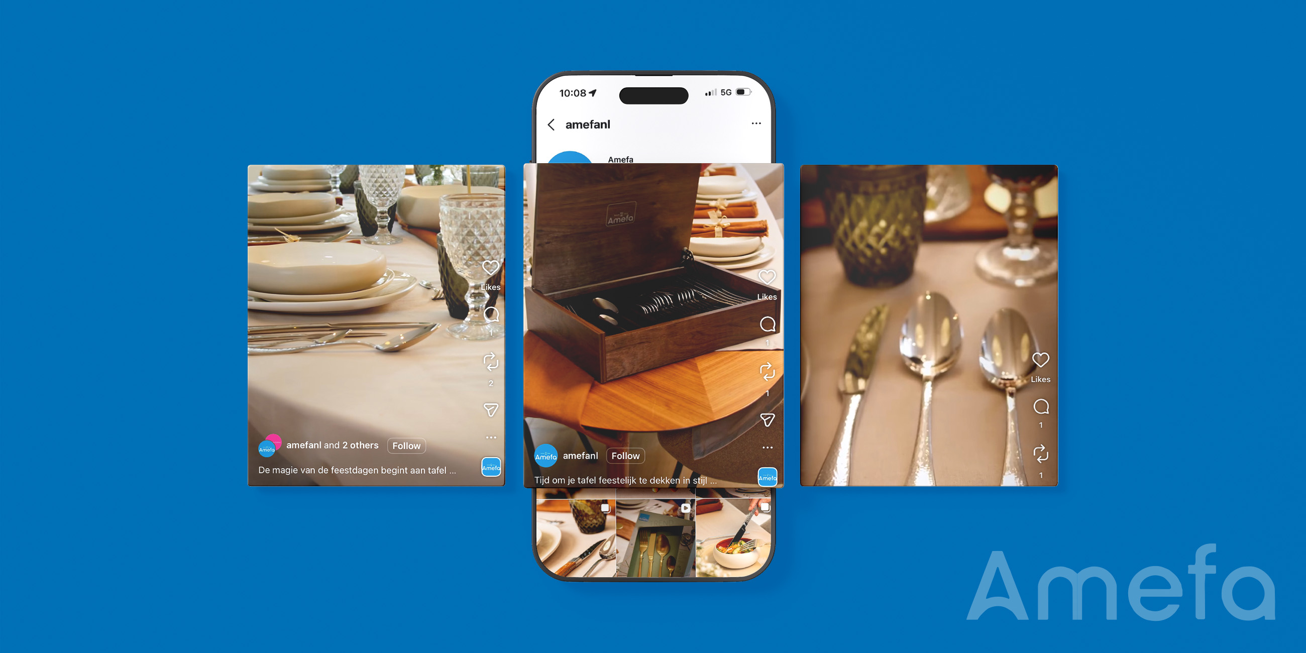 Smartphone displaying dining images on a social media app, flanked by similar images of elegant table settings and cutlery, logo "Amefa" visible.
