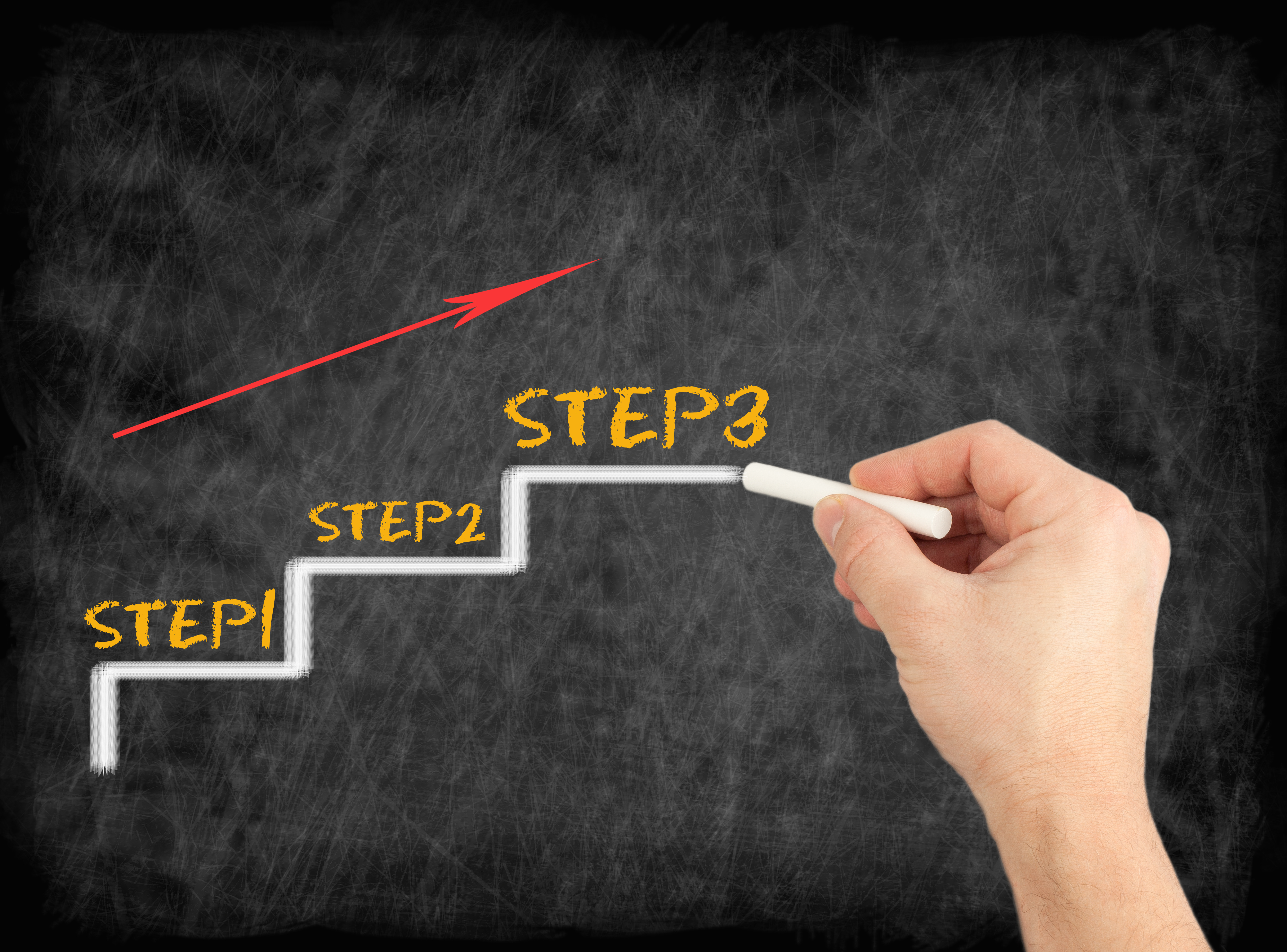 Handgetekende stappen met de labels “Stap 1”, “Stap 2”, “Stap 3” op een schoolbord, met een rode pijl naar boven die vooruitgang of groei aangeeft.