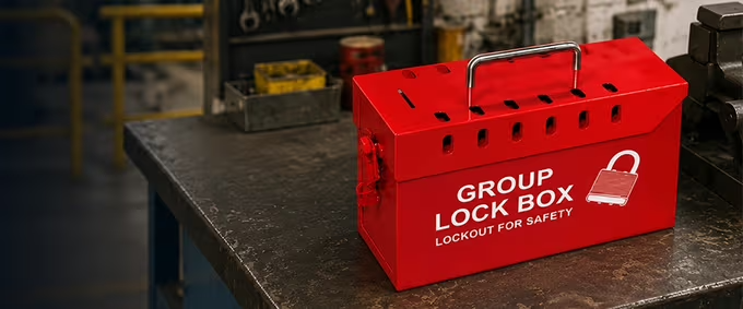 Group Lock Box, Steel, Red, 7 Padlock Capacity - 7386 - ZING Green