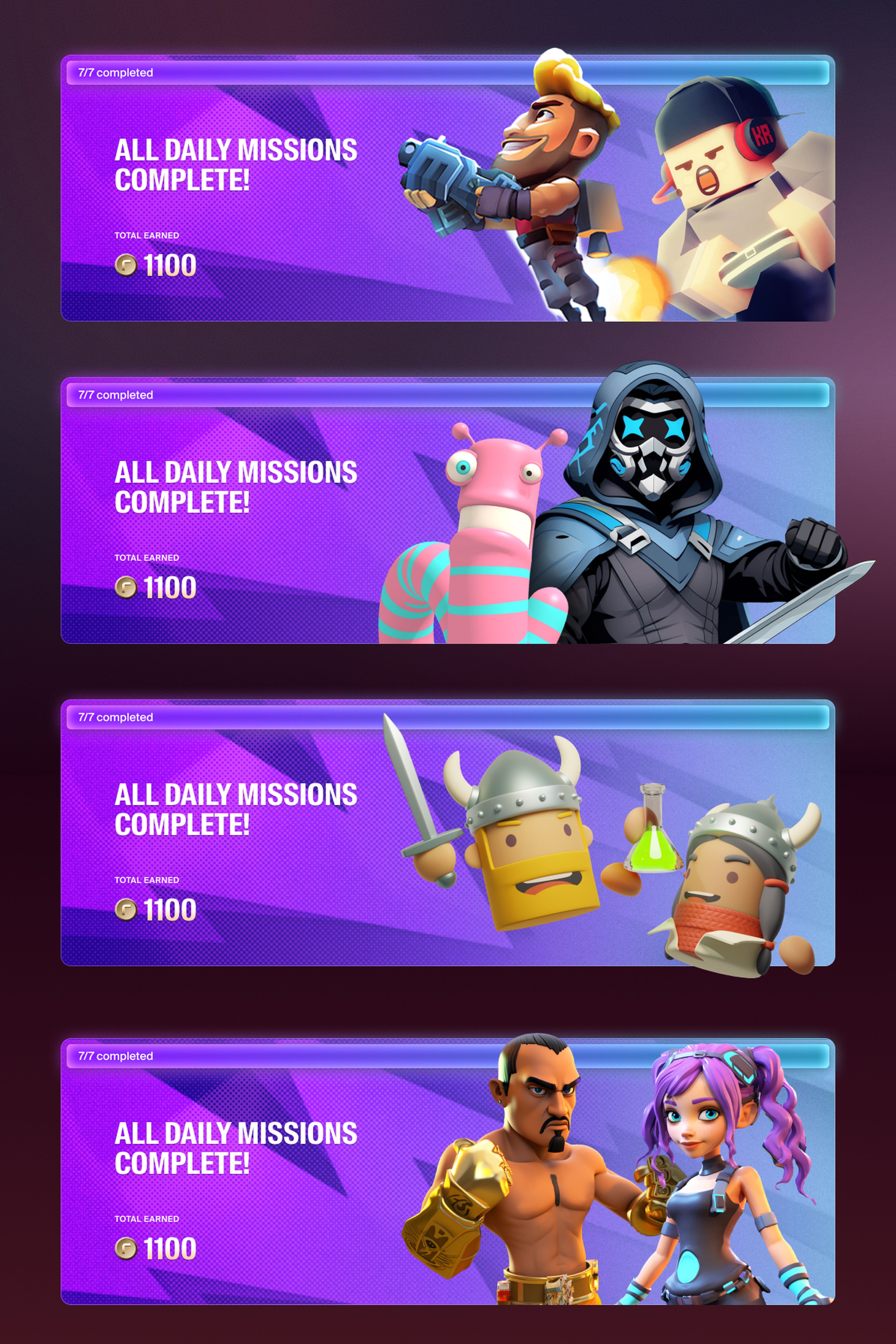 Four panels showing "All Daily Missions Complete!" with various game characters. Total earned: 1100 coins.