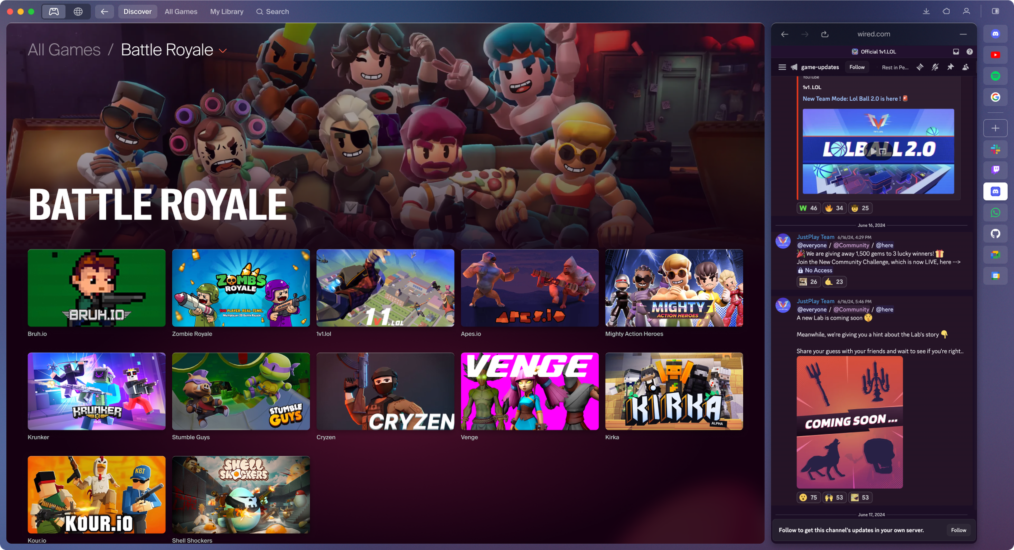 Gaming interface showing a Battle Royale category with various game options including Bruh.io and Zombie Royale. Chat panel on the right.
