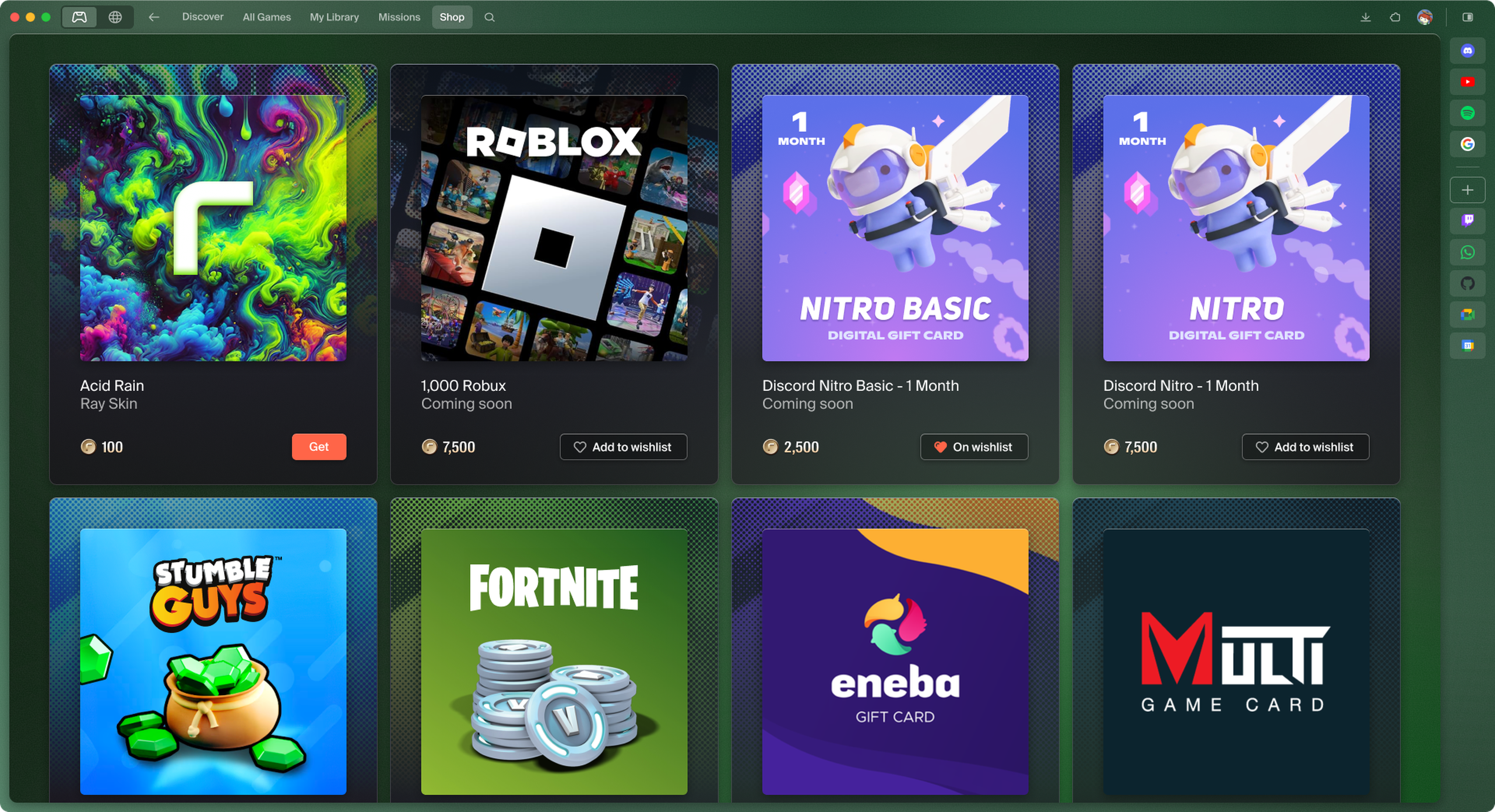 Gaming store interface showing various items: Acid Rain skin, Robux, Discord Nitro, Stumble Guys, Fortnite, Eneba, and Multi Game Card.