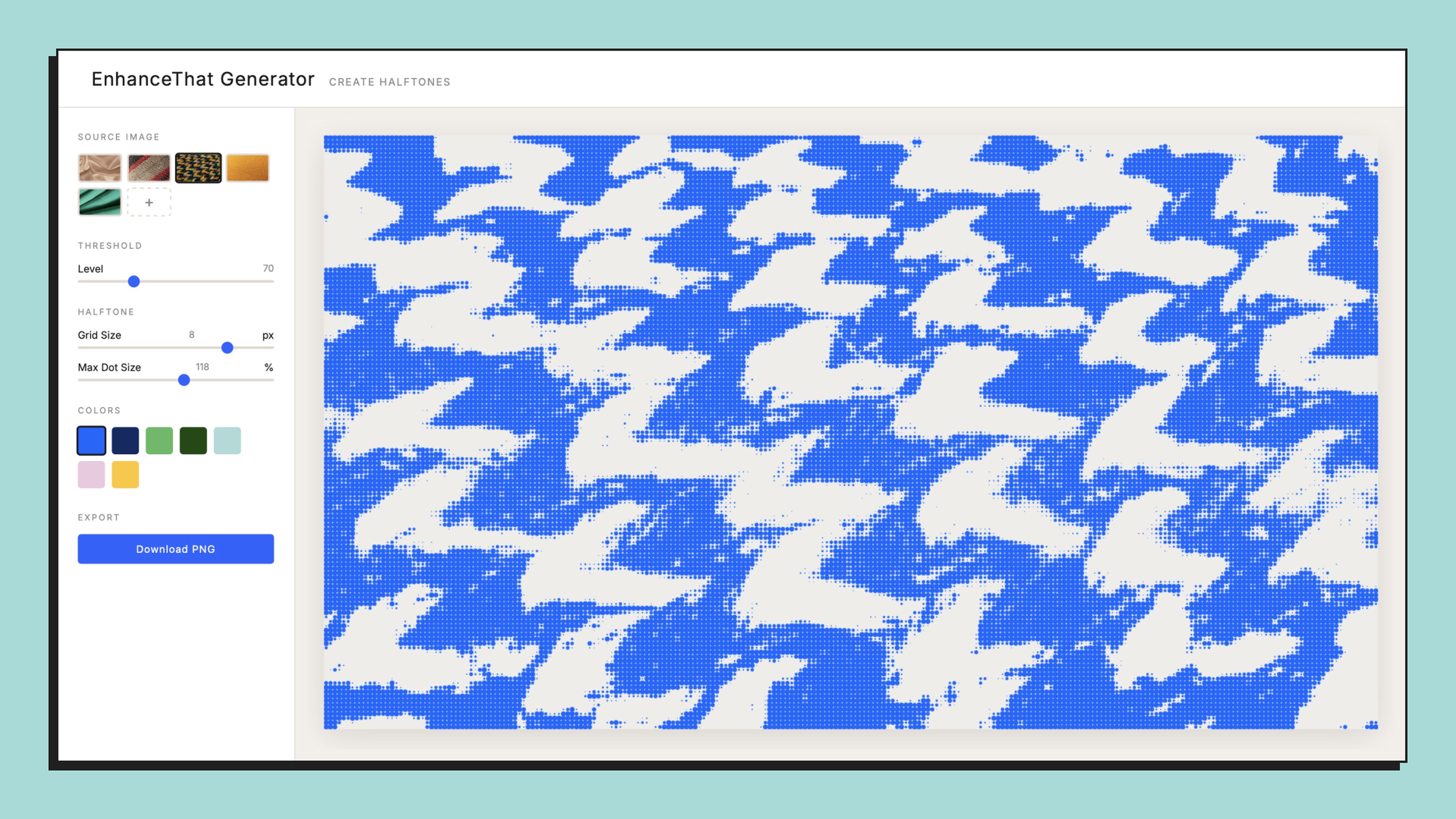 A blue and white abstract halftone pattern displayed on a digital tool interface with color and size adjustment options on the left.