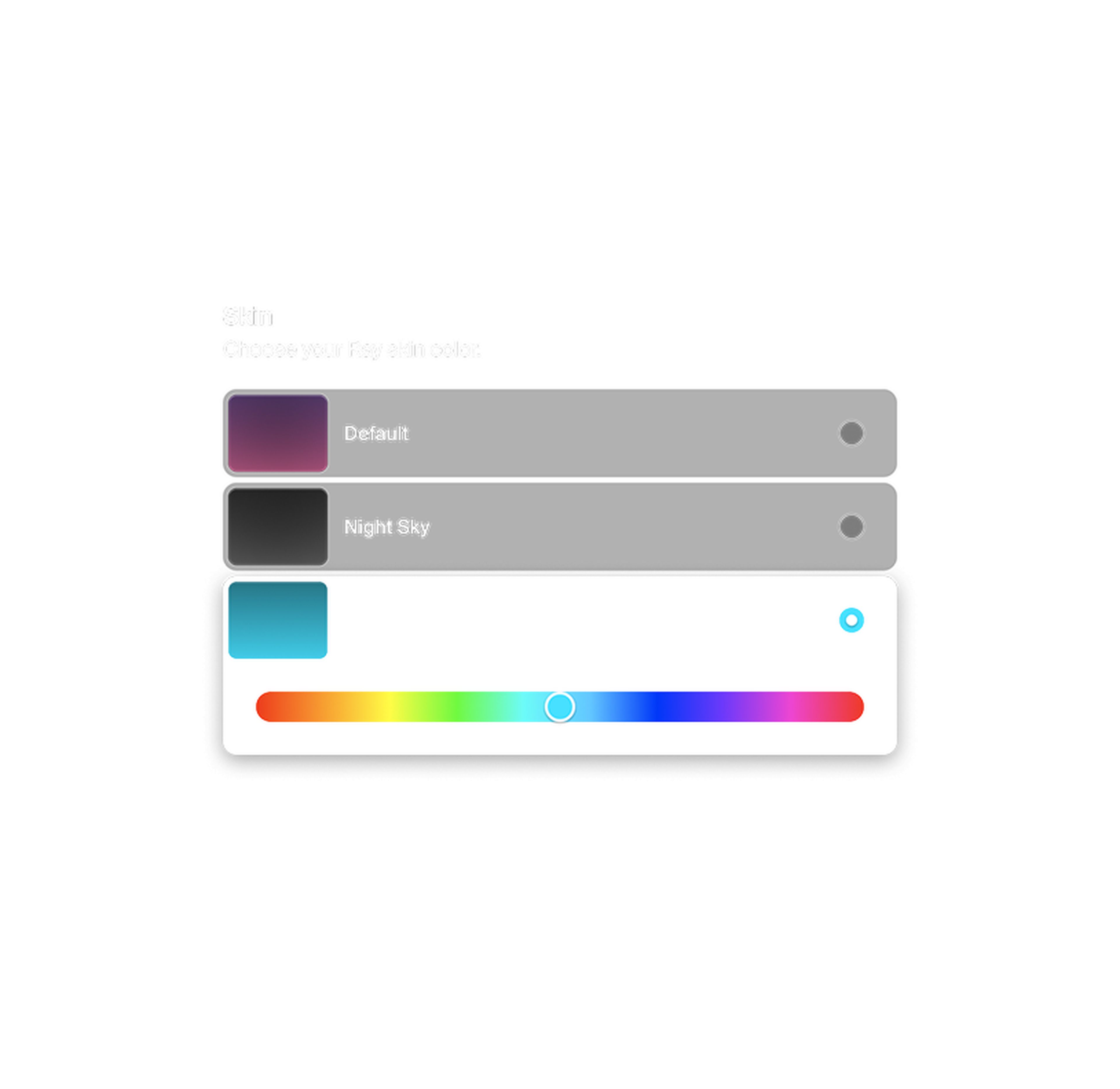 Color selection interface with "Default" and "Night Sky" options, and a horizontal color slider ranging from red to blue.