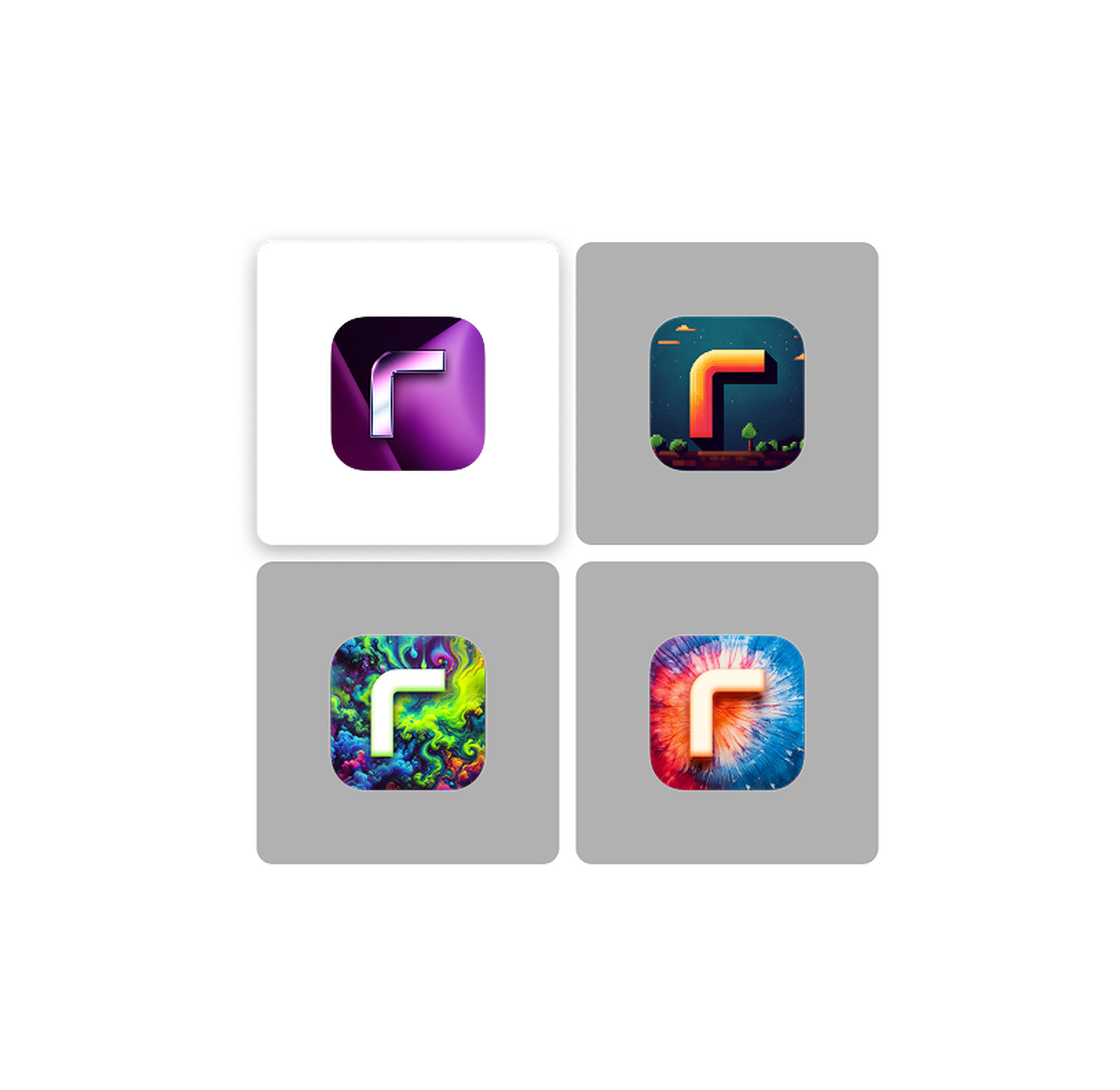 Four square icons featuring the letter "R" with different vibrant backgrounds, positioned around a central black and purple icon.