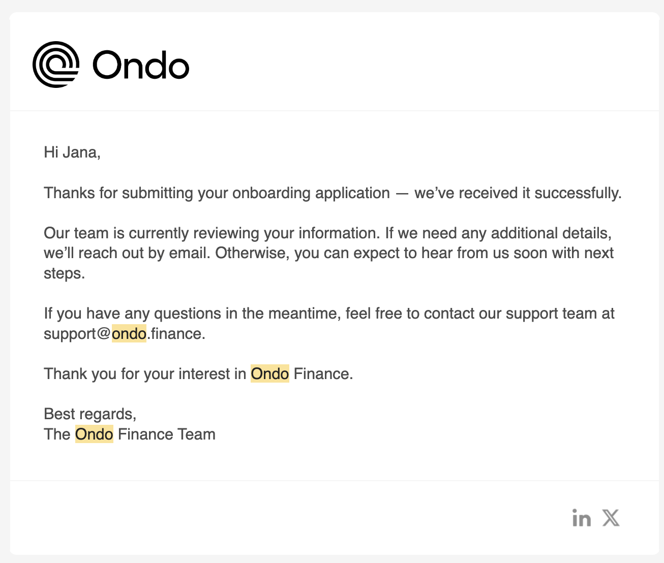 Ondo onboarding application received