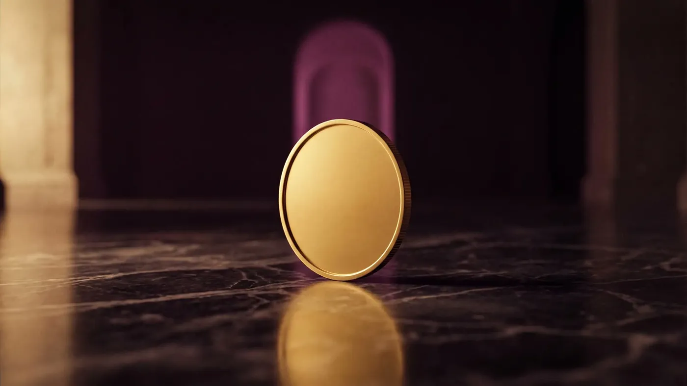A plain gold coin standing on its edge on a dark marble floor in a vast empty hall