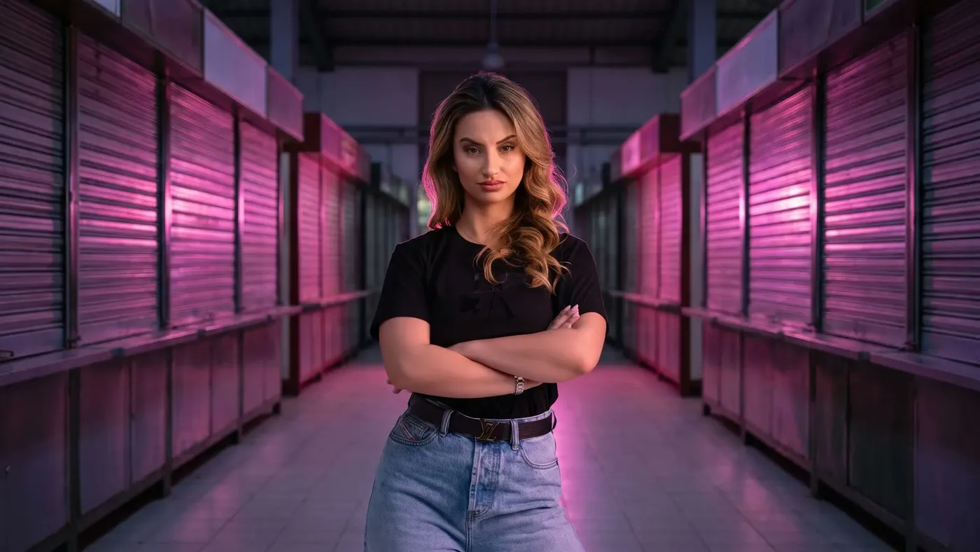 Jana standing with her arms crossed in an empty market aisle at dusk, closed shutters glowing in magenta light