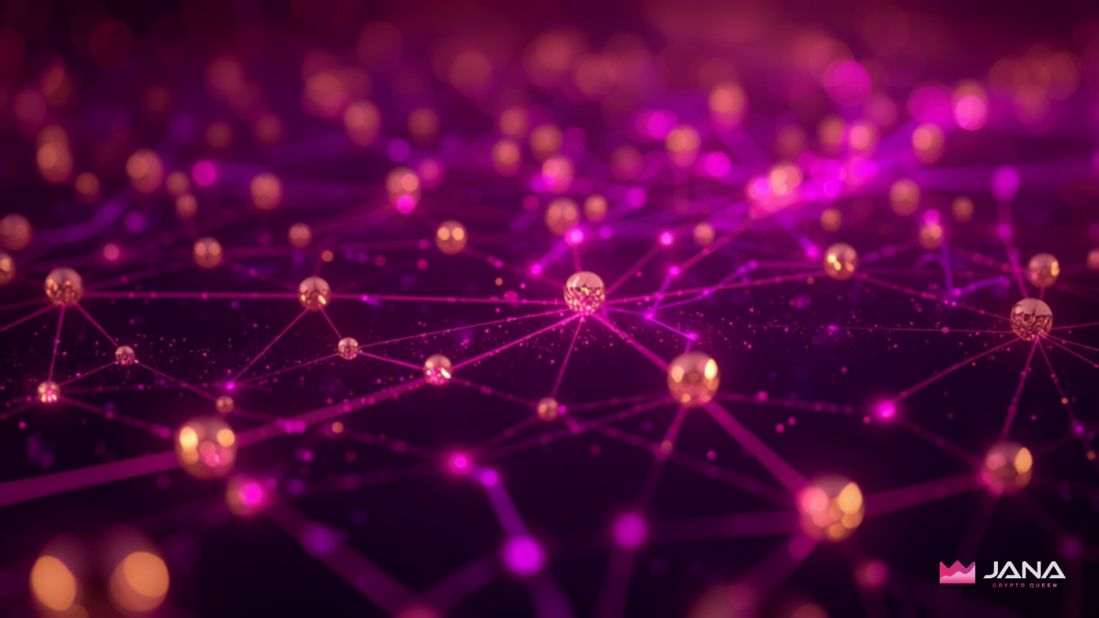 A glowing pink network of connected golden nodes, representing a crypto community