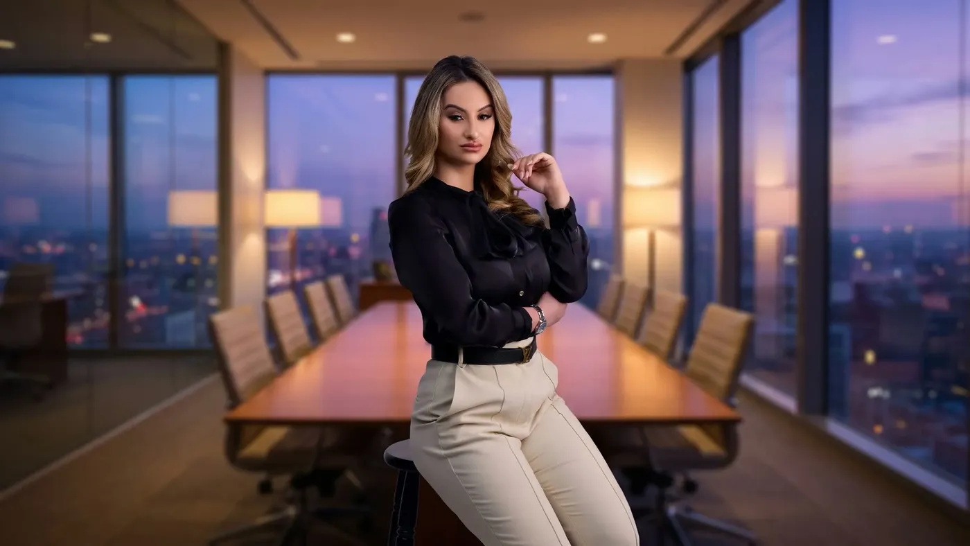 Jana leaning on a stool in a glass boardroom at dusk with the city lights behind her