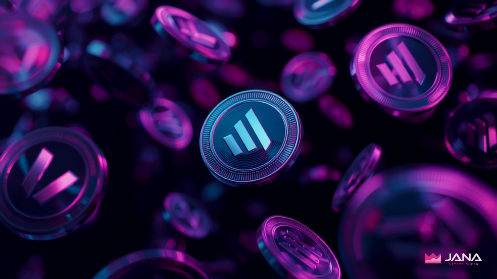 Solana tokens floating on a dark background with magenta glow