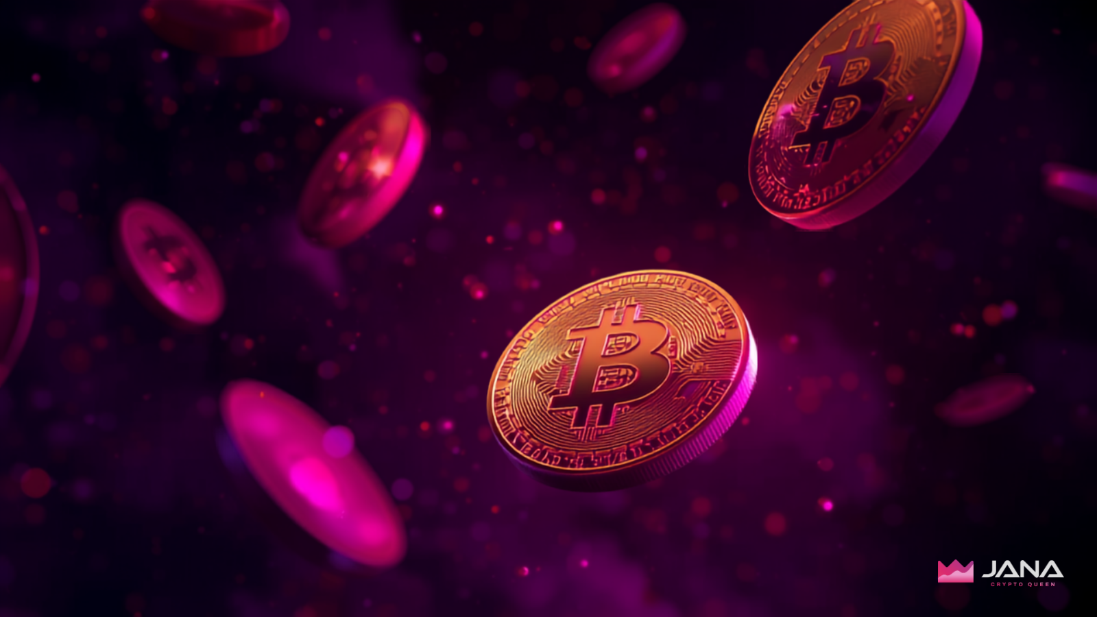 A single crypto coin lit by magenta light against a dark background