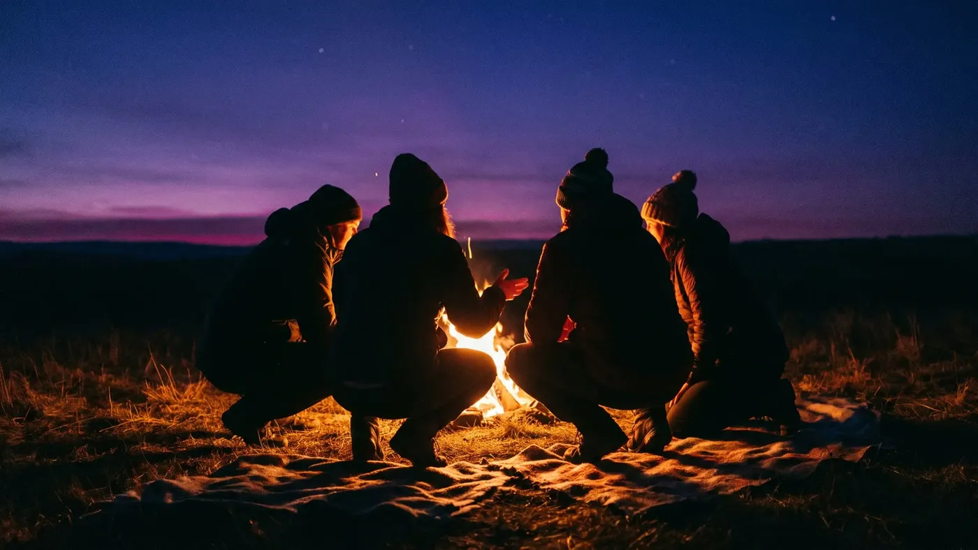 Illustration of four people sitting close around a campfire at dusk under a purple sky