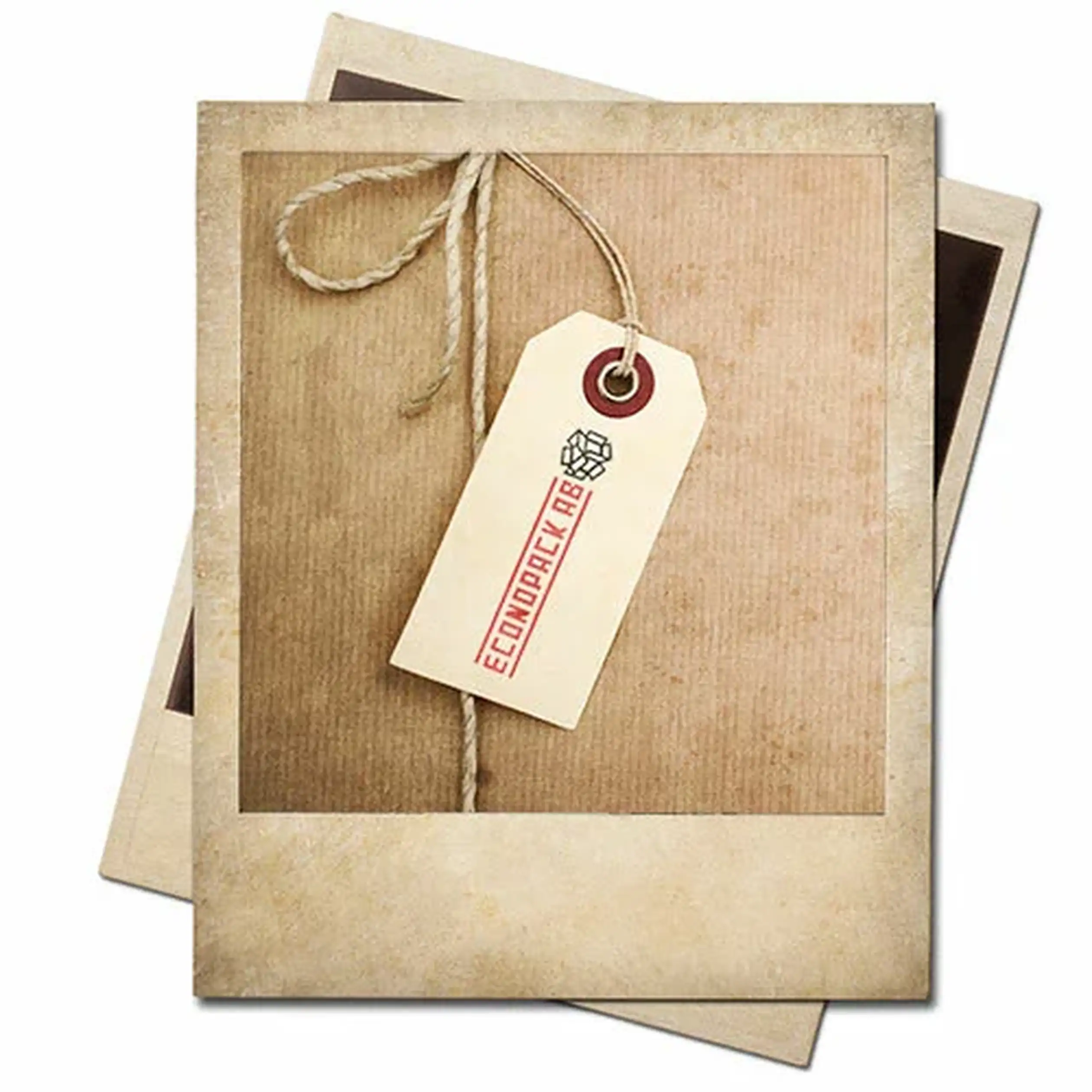 A vintage-style photo with a luggage tag reading "Econopack" attached by twine on a textured brown background.