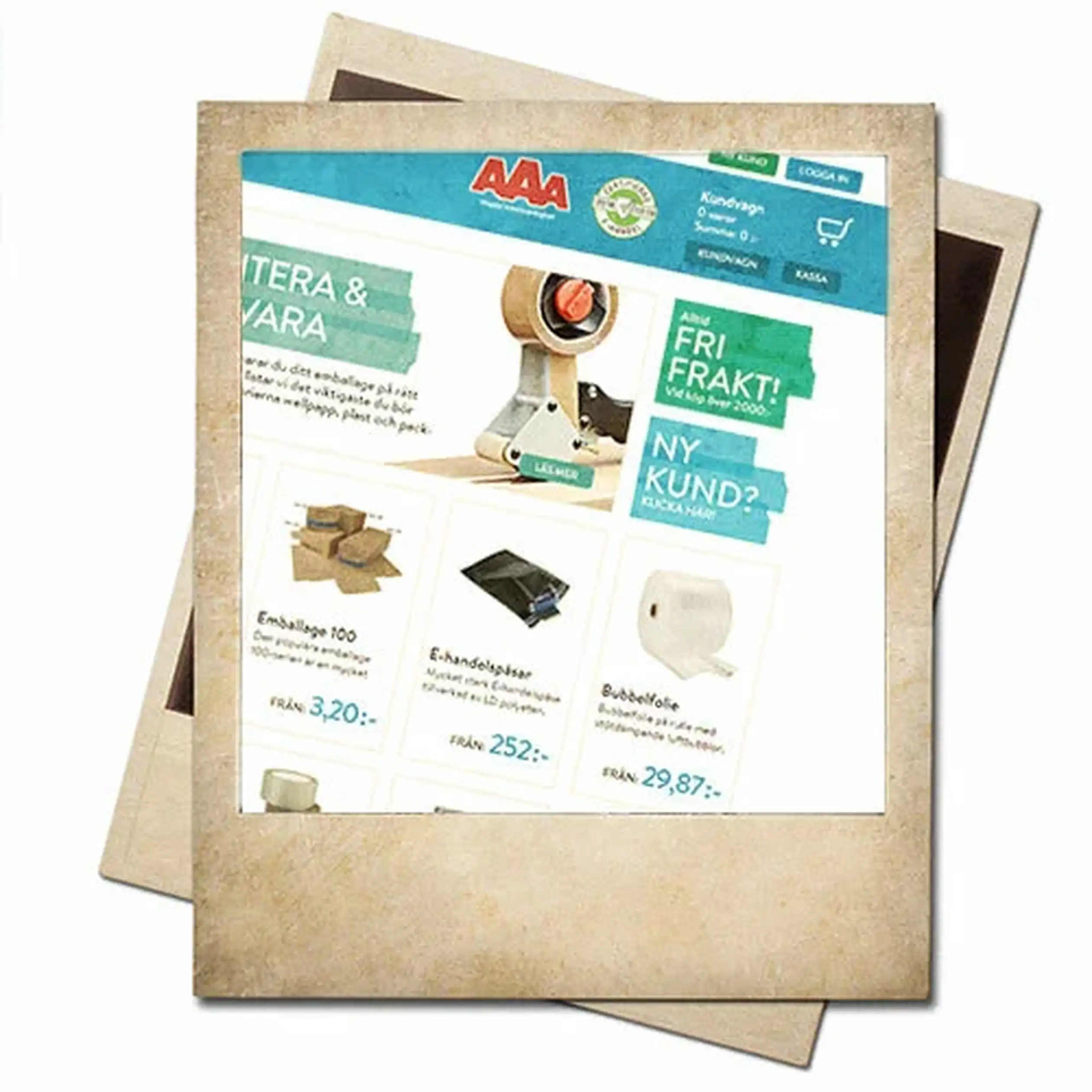 Website printout on aged paper showing packaging products with prices. Includes a logo, navigation header, and a "free shipping" banner.
